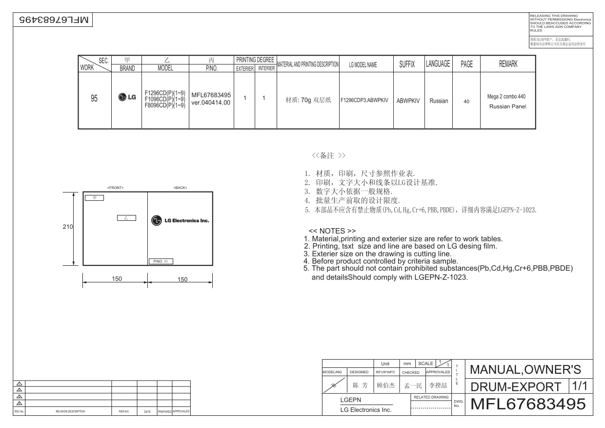 Первая страница инструкции LG F1296CDP3