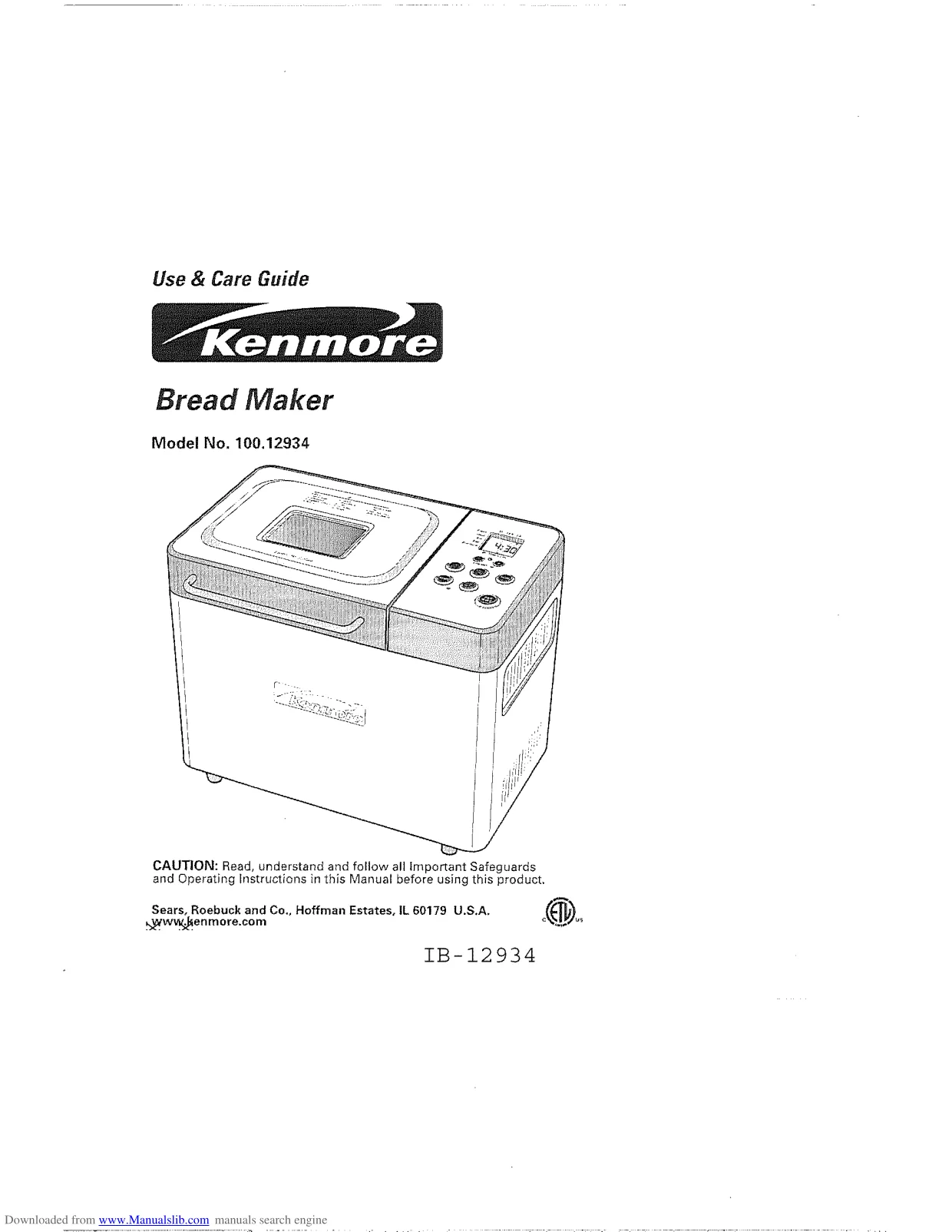 Первая страница инструкции Kenmore 100.12934