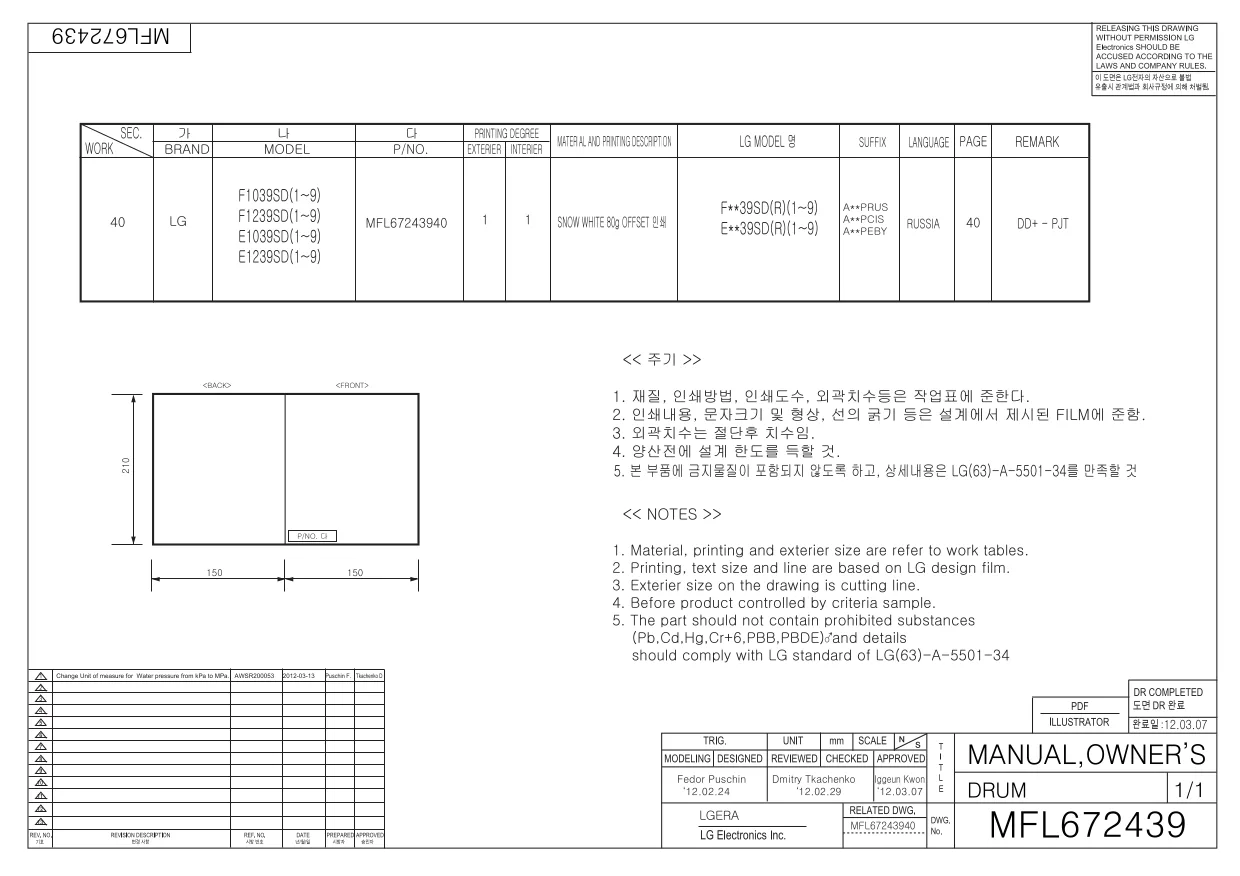 Первая страница инструкции LG F1239SD