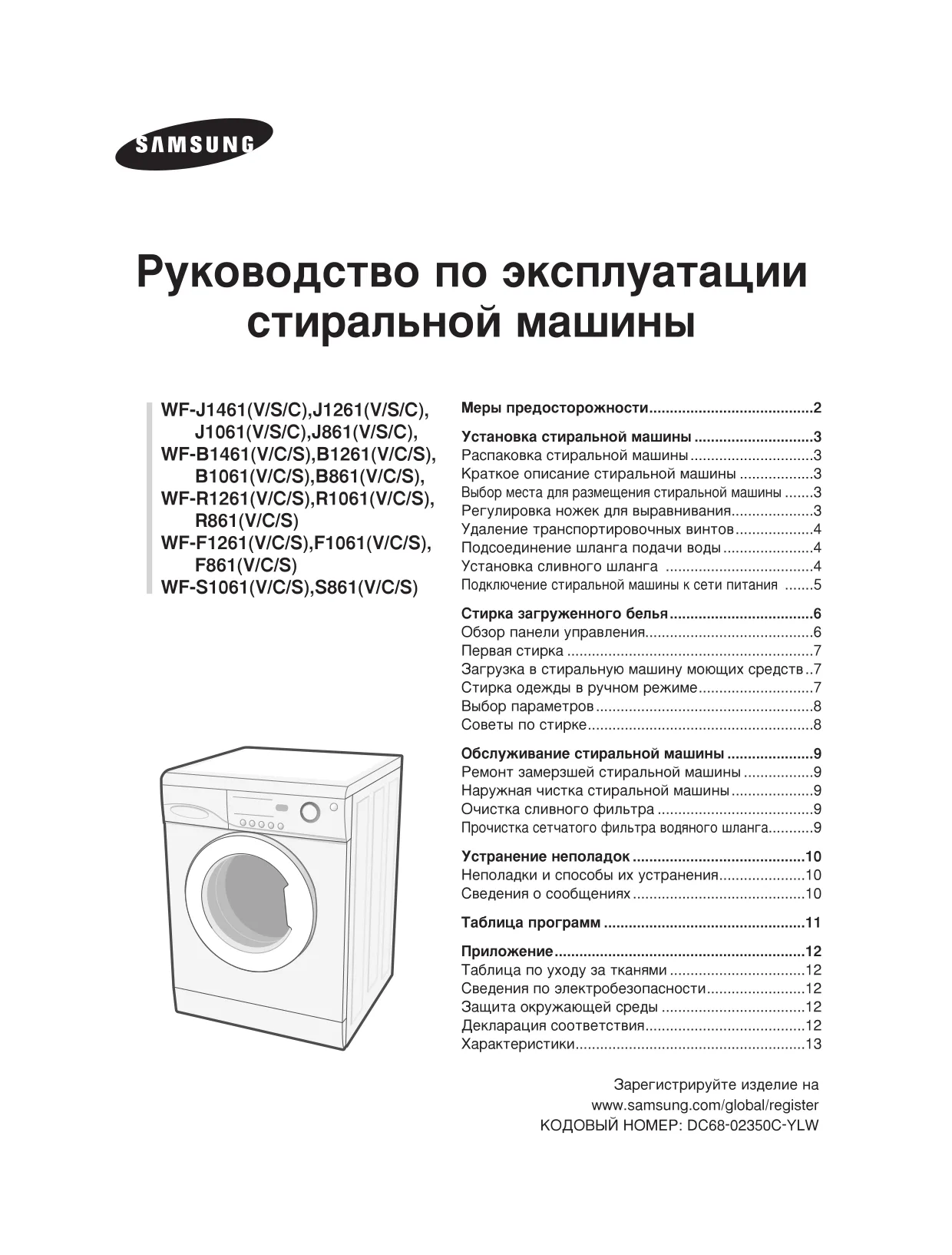 Первая страница инструкции Samsung WF-F1061/YLW