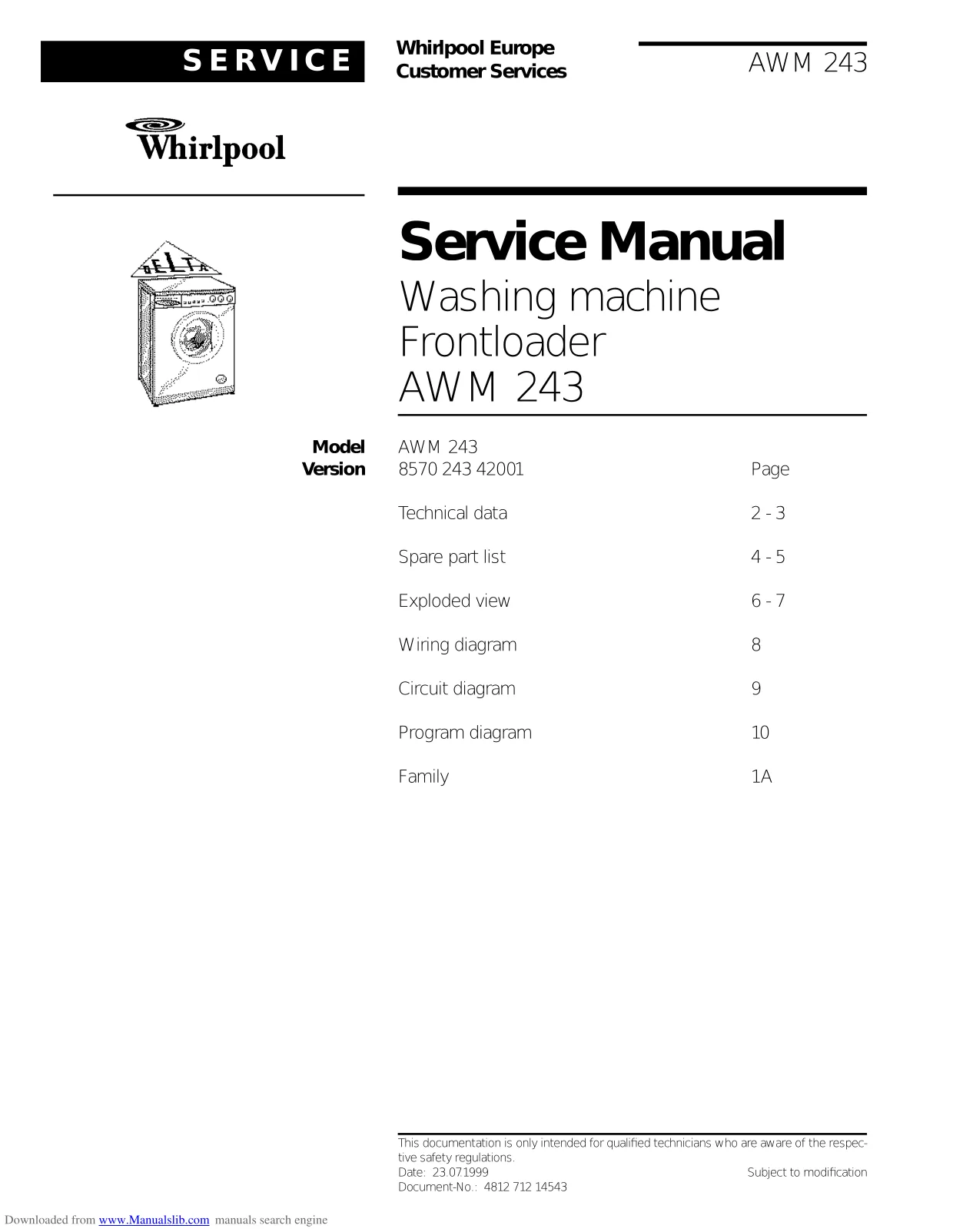Первая страница инструкции Whirlpool AWM243